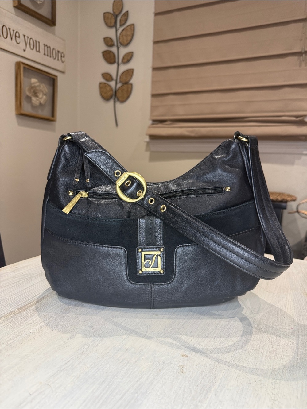 Vintage Y2K Stone Mountain Accessories Black Leather Hobo with Gold Emblem